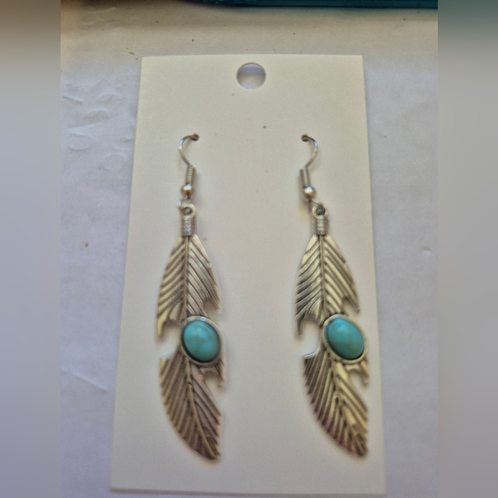Silver Tone Feather Earrings with Faux Turquoise Accents